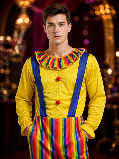 Adult Clown Jumpsuit Costume, Colorful Striped Bodysuit with Suspenders and on-model view
