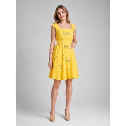 The dress is designed to recreate Mia's look from the film "La La Land" and for theatrical role transformations in a cosplay style. The model is made in a bright yellow color and decorated with a scattered outline pattern of flowers and lea