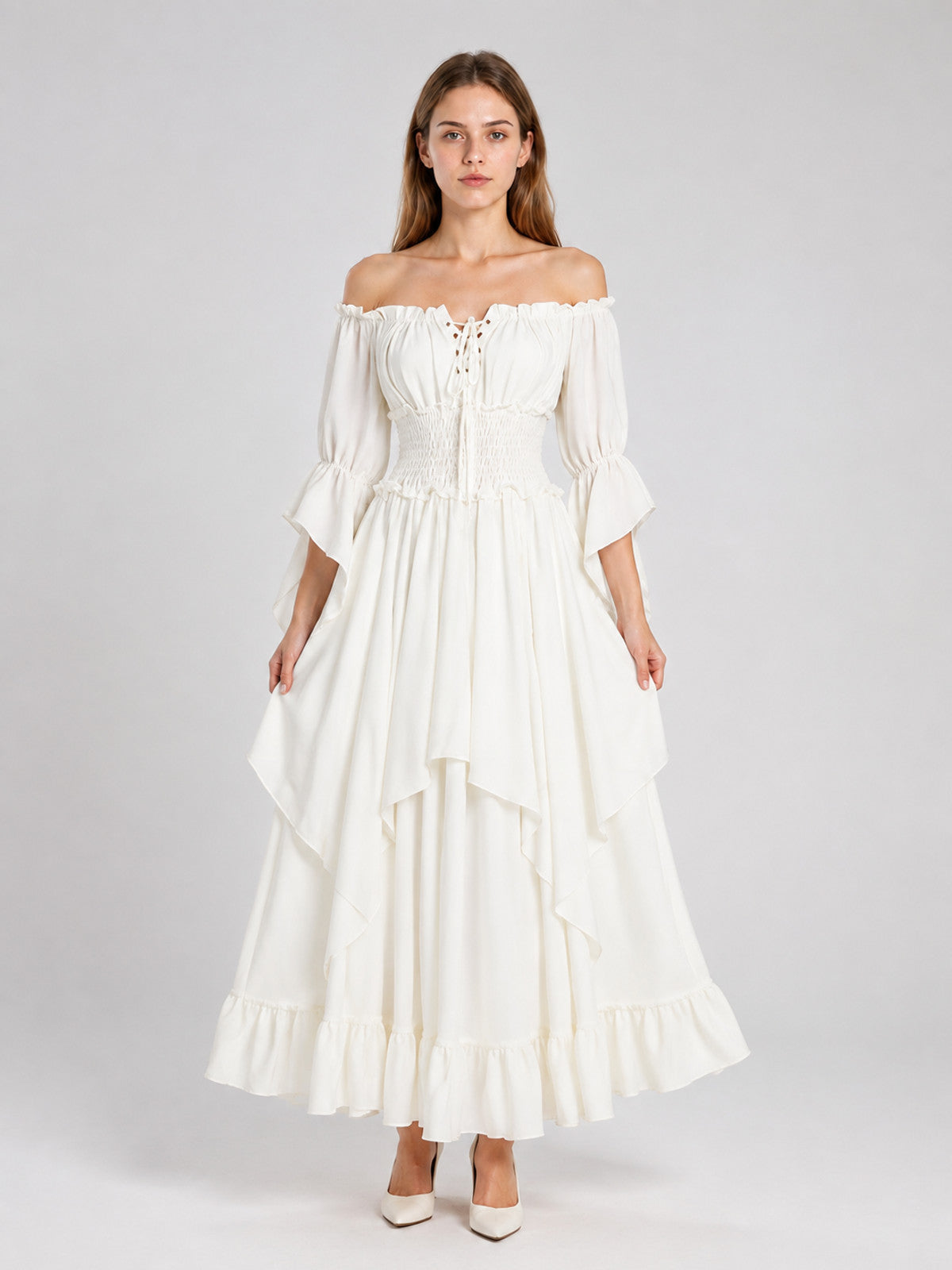 Long White Off-the-Shoulder Dress with Lacing on-model view