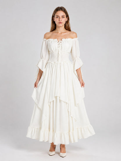 Long White Off-the-Shoulder Dress with Lacing on-model view