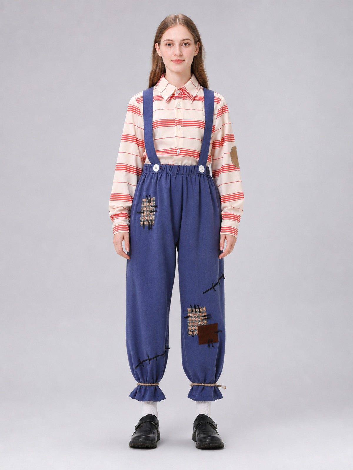 Scarecrow Costume with Pumpkin, Striped Top and Pants front view