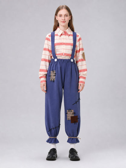 Scarecrow Costume with Pumpkin, Striped Top and Pants front view