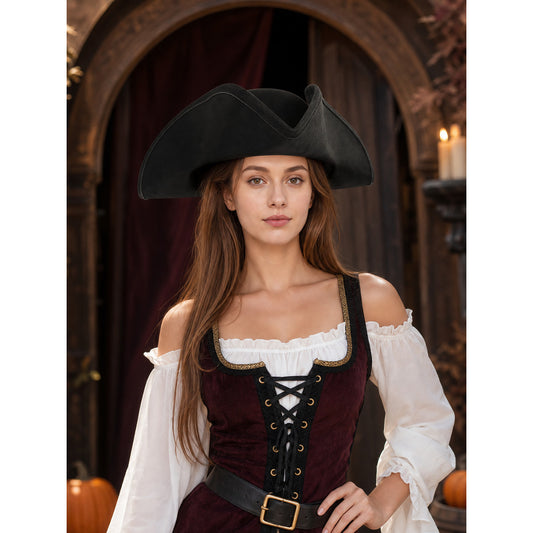 1pc Black Pirate Hat, Women's Three-Cornered Tricorn Costume Cap with Wide Curved Brim and Structured Crown for Cosplay, Halloween Parties and Themed Events