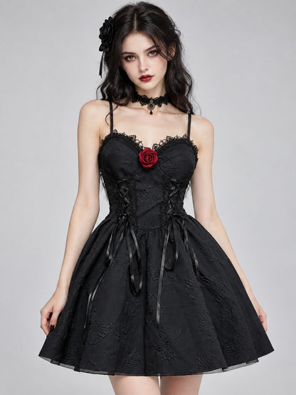 Gothic Black Short Dress with Red Rose