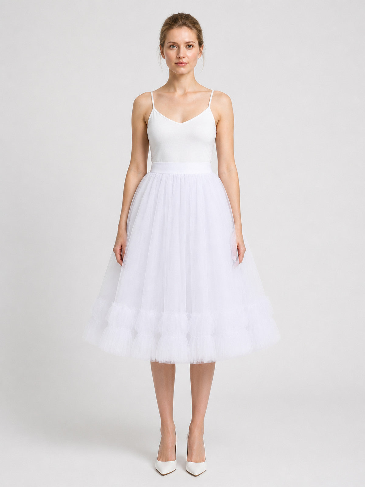 White Layered Tutu Skirt with Elastic Waistband and Ruffles on-model view