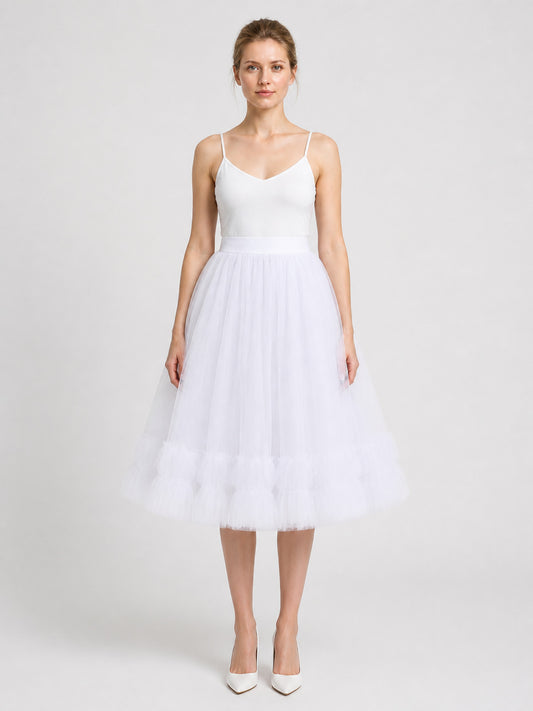 White Layered Tutu Skirt with Elastic Waistband and Ruffles on-model view