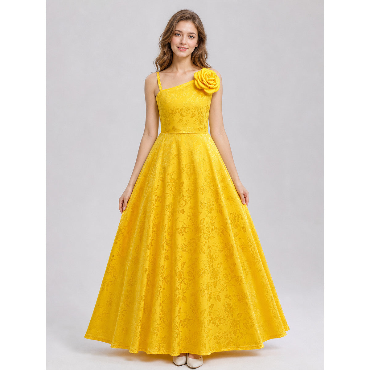 Evening Dress with Floral Print and a Rose on the Shoulder on-model view