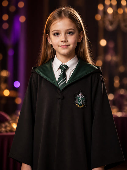 Slytherin Wizard Costume Set, Hooded Long Robe with Striped Tie on-model view