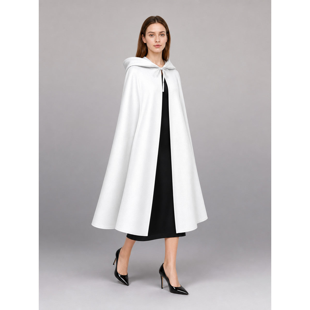White Medieval Hooded Costume Cloak front view