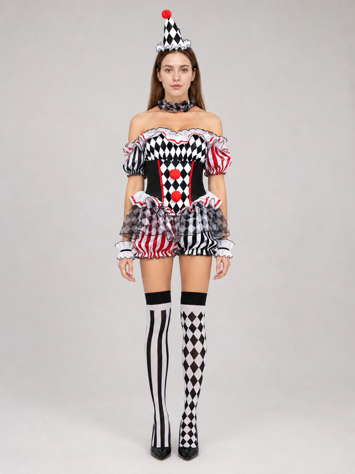 Clown Costume for Cosplay with a Full Skirt and Ruffles on-model view