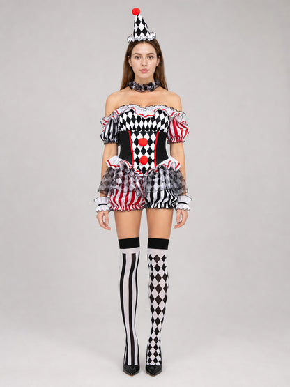 Clown Costume for Cosplay with a Full Skirt and Ruffles on-model view
