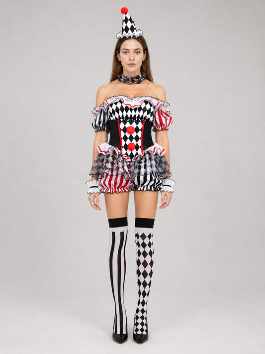 Clown Costume for Cosplay with a Full Skirt and Ruffles on-model view