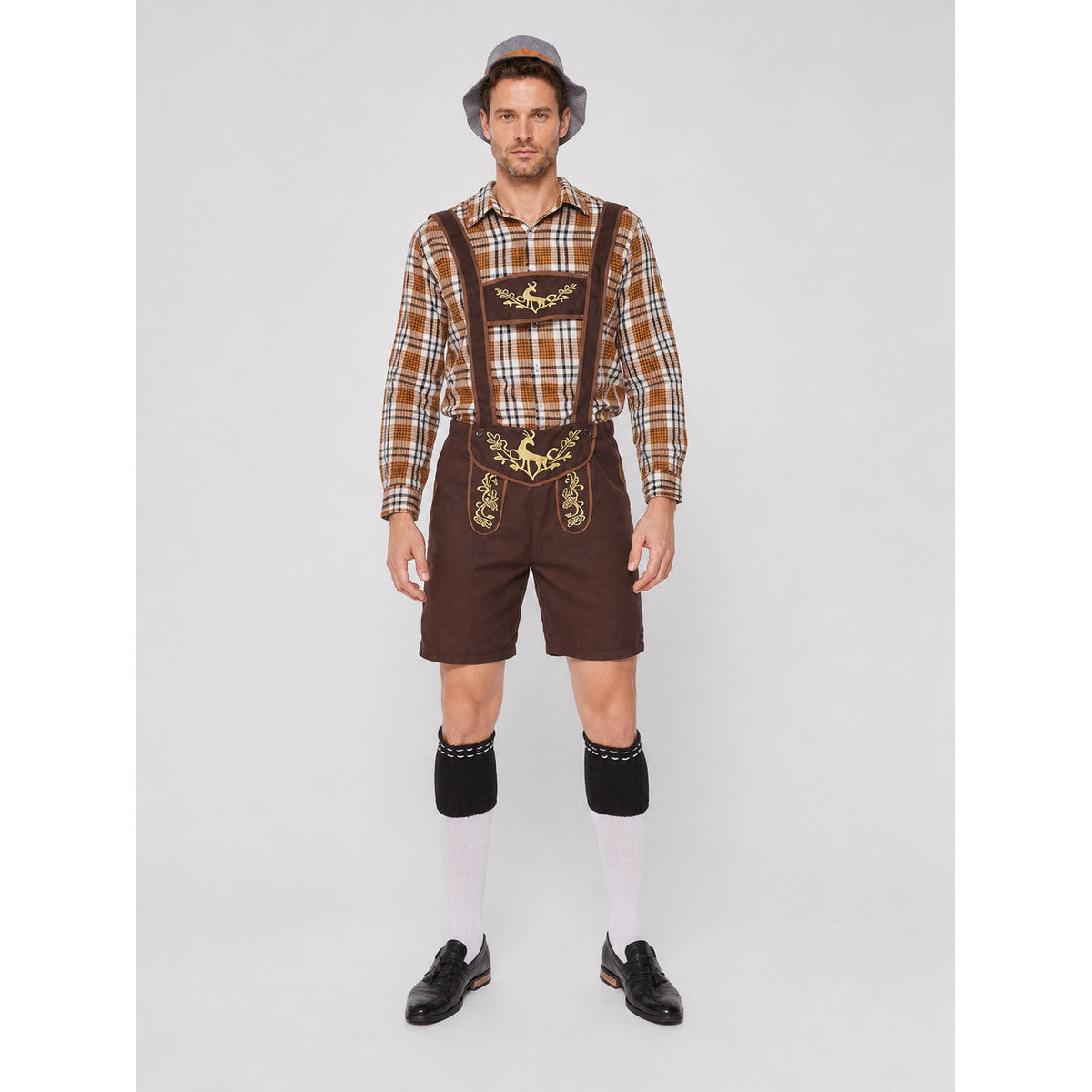 Beer Festival Costume: Shirt, Shorts, Suspenders, Hat on-model view