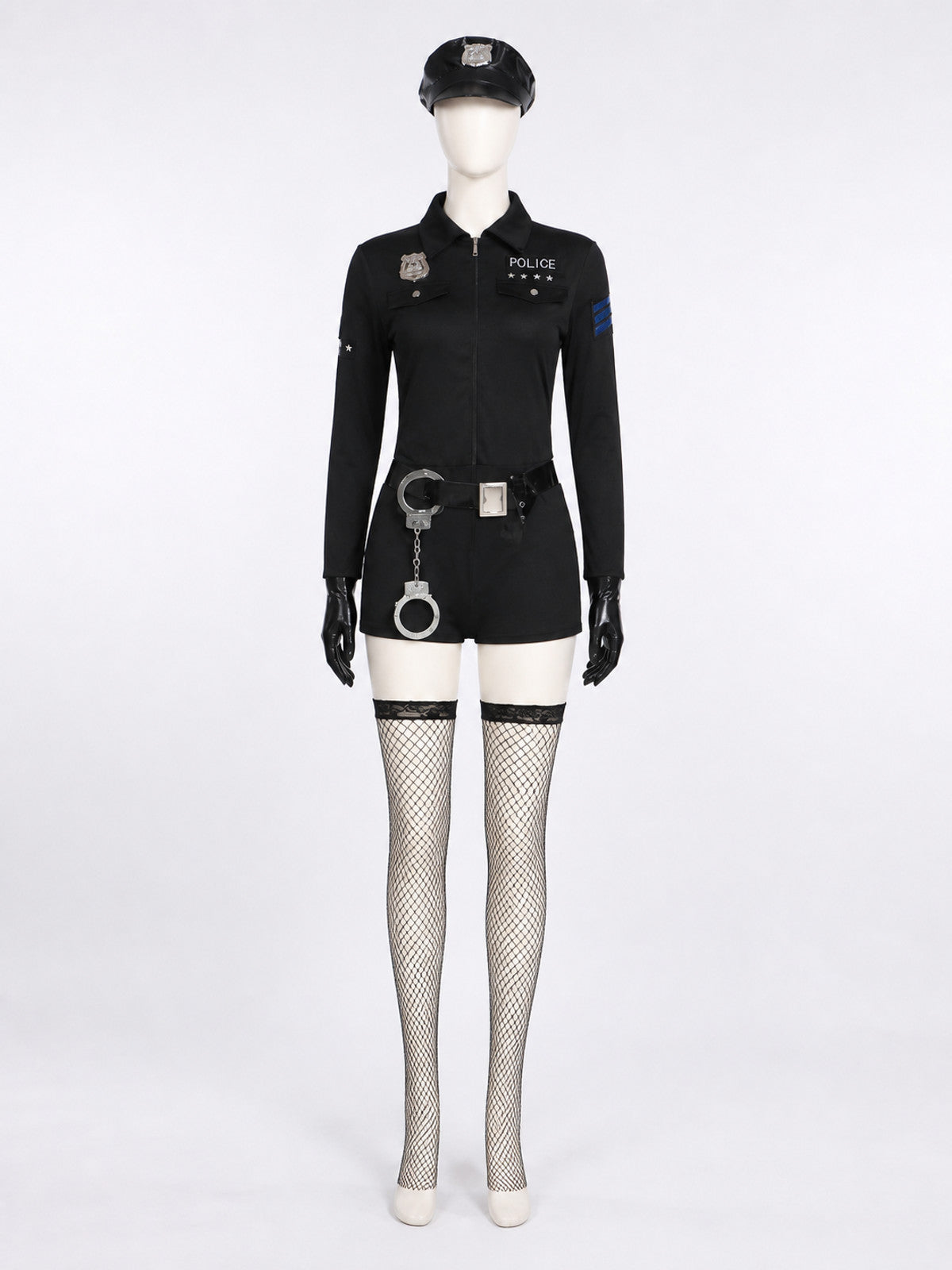 Women's Sexy Police Officer Bodysuit Costume with Hat, Belt & Handcuffs for on-model view