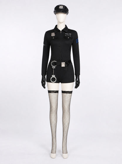 Women's Sexy Police Officer Bodysuit Costume with Hat, Belt & Handcuffs for on-model view