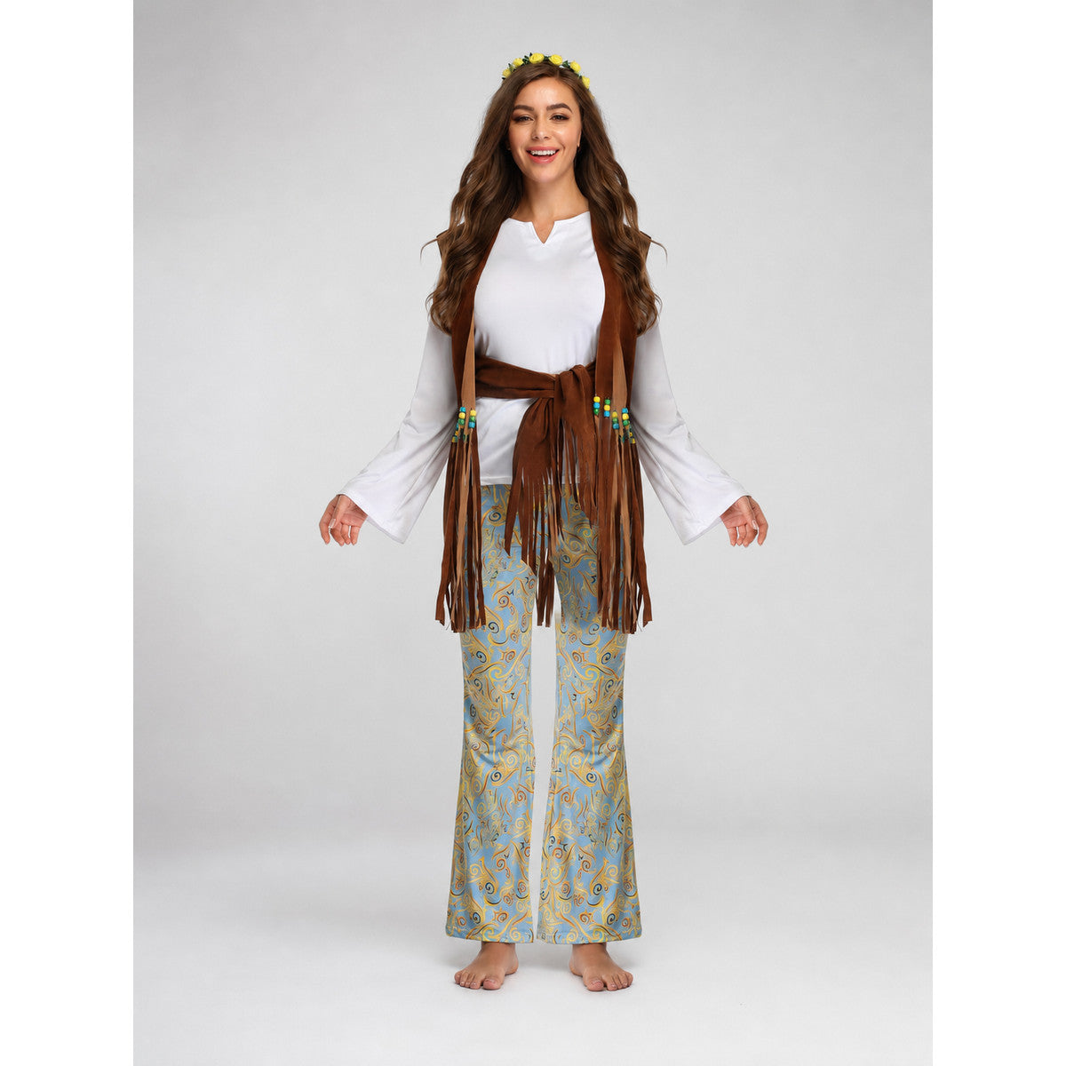 The stage costume is designed in a retro style and is suitable for a Halloween party, disco performance, or cosplay. The set includes a stage outfit with a white long-sleeve shirt, brown fringe, and light blue flared pants featuring a yello