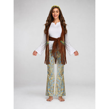 The stage costume is designed in a retro style and is suitable for a Halloween party, disco performance, or cosplay. The set includes a stage outfit with a white long-sleeve shirt, brown fringe, and light blue flared pants featuring a yello