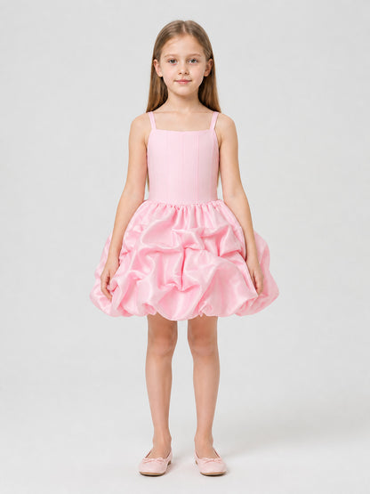 Satin sleeveless dress with a full balloon skirt on-model view