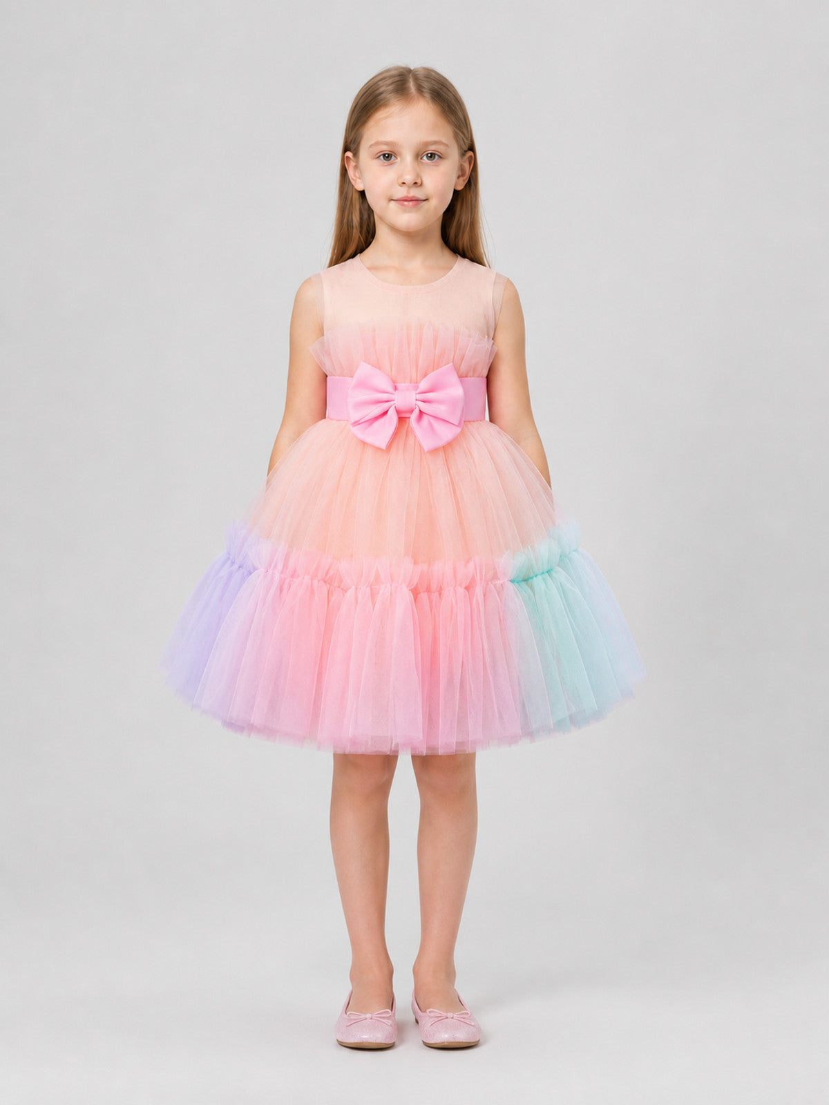Fluffy Dress with Rainbow Tulle Skirt and Bow on-model view