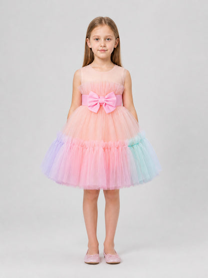 Fluffy Dress with Rainbow Tulle Skirt and Bow on-model view