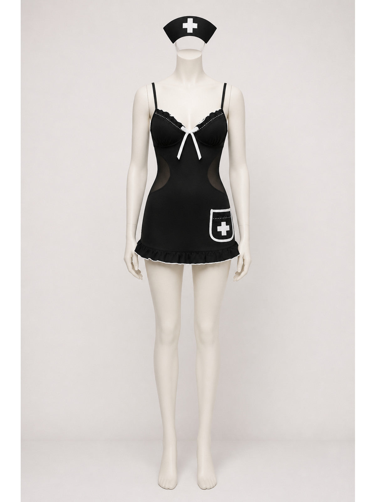 Short nurse costume with a bow and mesh panels on the sides main product view