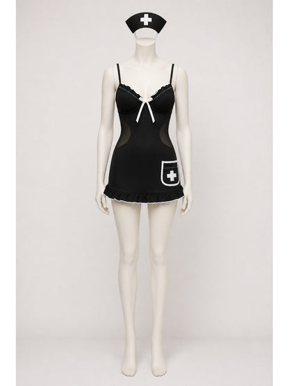 Short nurse costume with a bow and mesh panels on the sides main product view