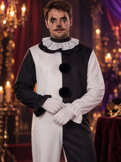 Black and White Clown Cosplay Costume with Ruffles and Pom-Poms