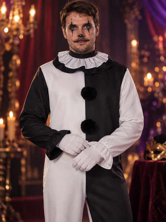 Black and White Clown Cosplay Costume with Ruffles and Pom-Poms