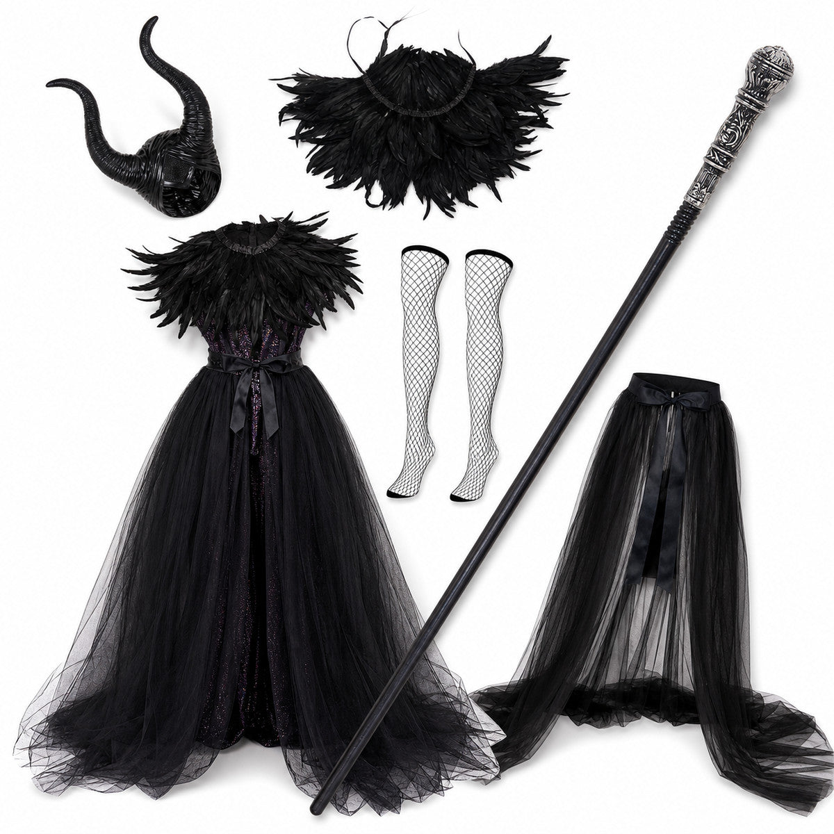 Black Gothic Witch Costume Set With Long Mesh Skirt, Feather Collar, Demon Horn Headdress, Fishnet Stockings And Silver-Topped Scepter Prop