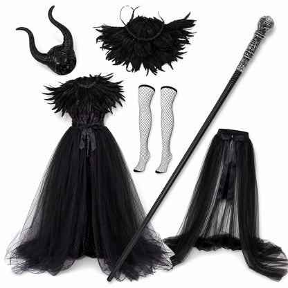 Black Gothic Witch Costume Set With Long Mesh Skirt, Feather Collar, Demon Horn Headdress, Fishnet Stockings And Silver-Topped Scepter Prop