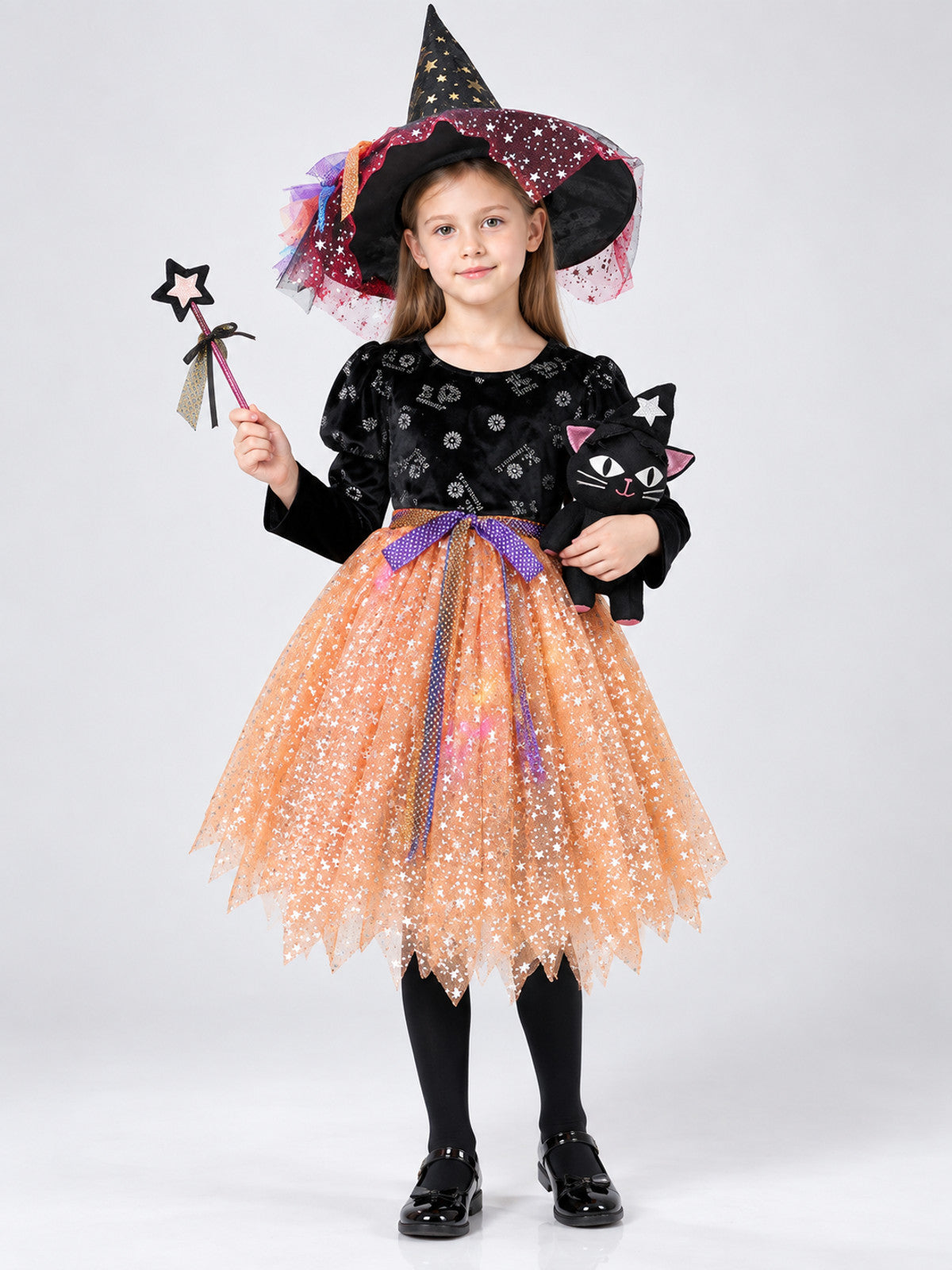 Children’s Witch Costume with Dress and Hat on-model view