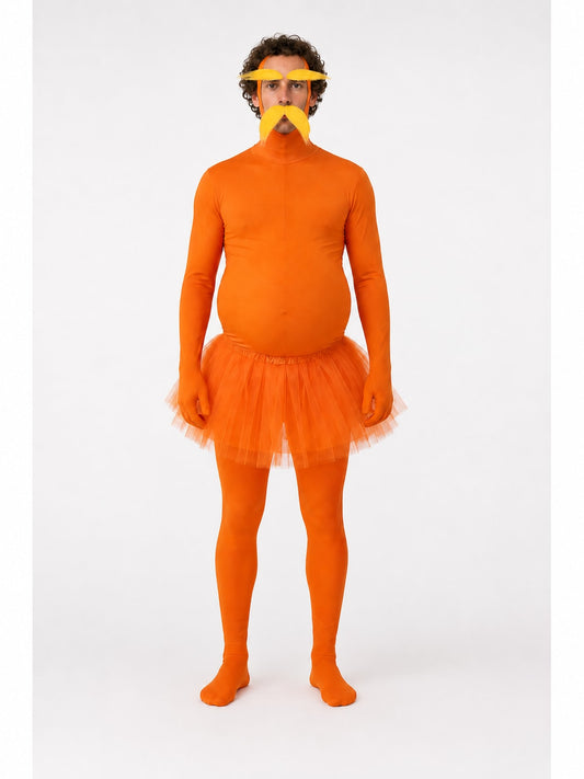 Man wearing the orange hooded bodysuit costume with orange tulle tutu, faux belly, yellow eyebrows and mustache, front view