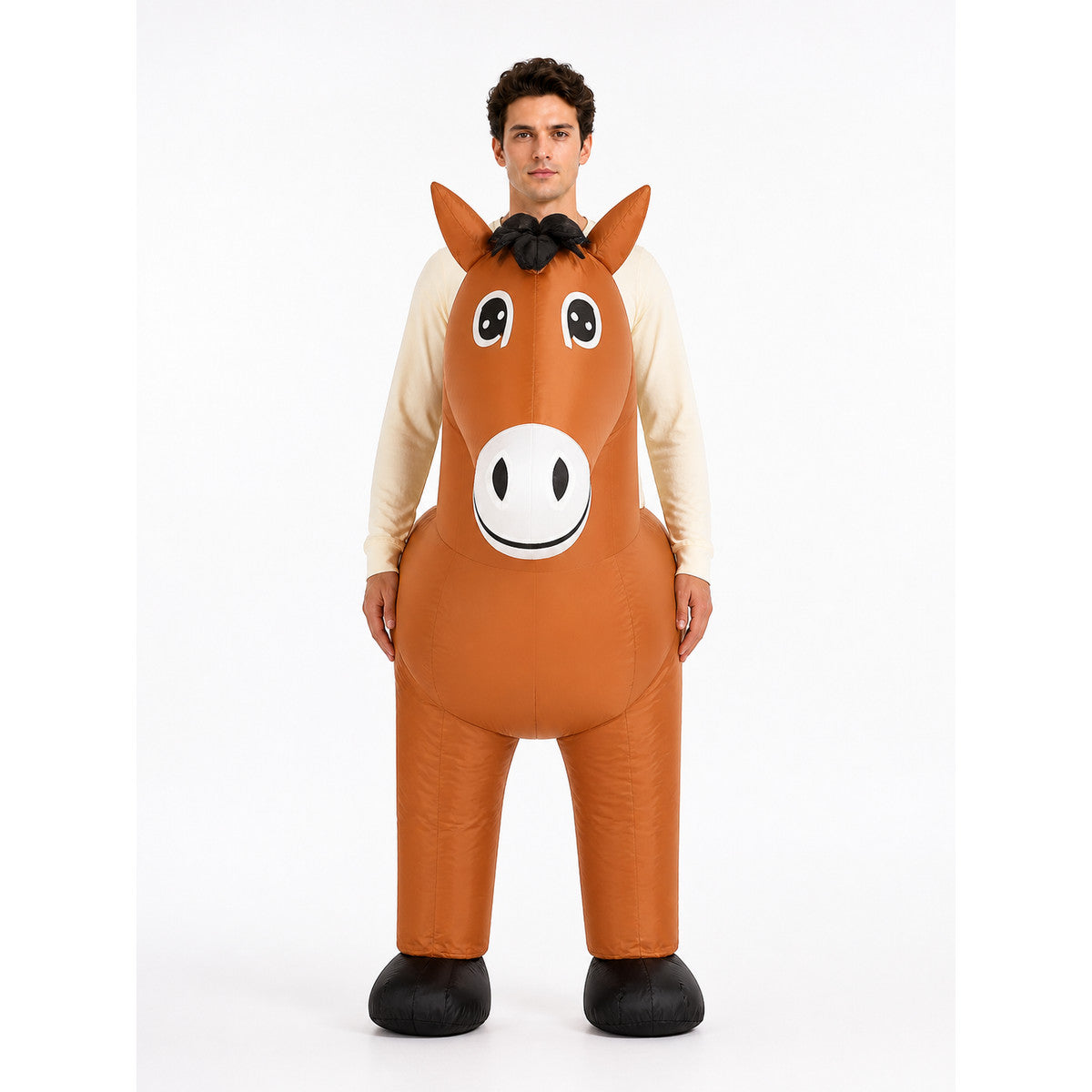 Front view of the brown inflatable horse costume with cartoon horse head, black mane and white muzzle