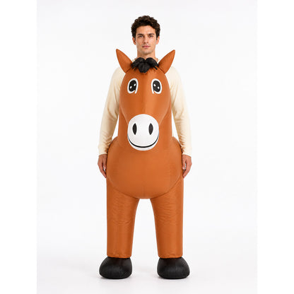 Front view of the brown inflatable horse costume with cartoon horse head, black mane and white muzzle