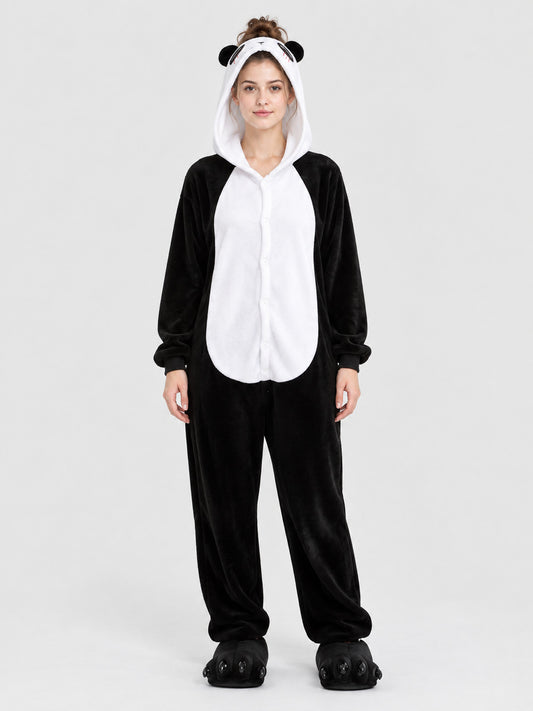 Flannel Pajama Jumpsuit with Hood and Animal Face