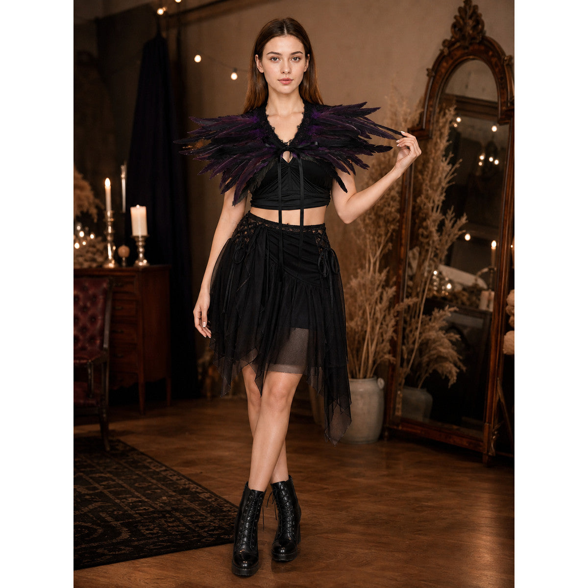 Halloween Costume Capelet, Black Purple Feather Lace Shoulder Cape with Front Center Tie, Lace Trim, Wide Wing Cape for Cosplay Role Play Theme Party