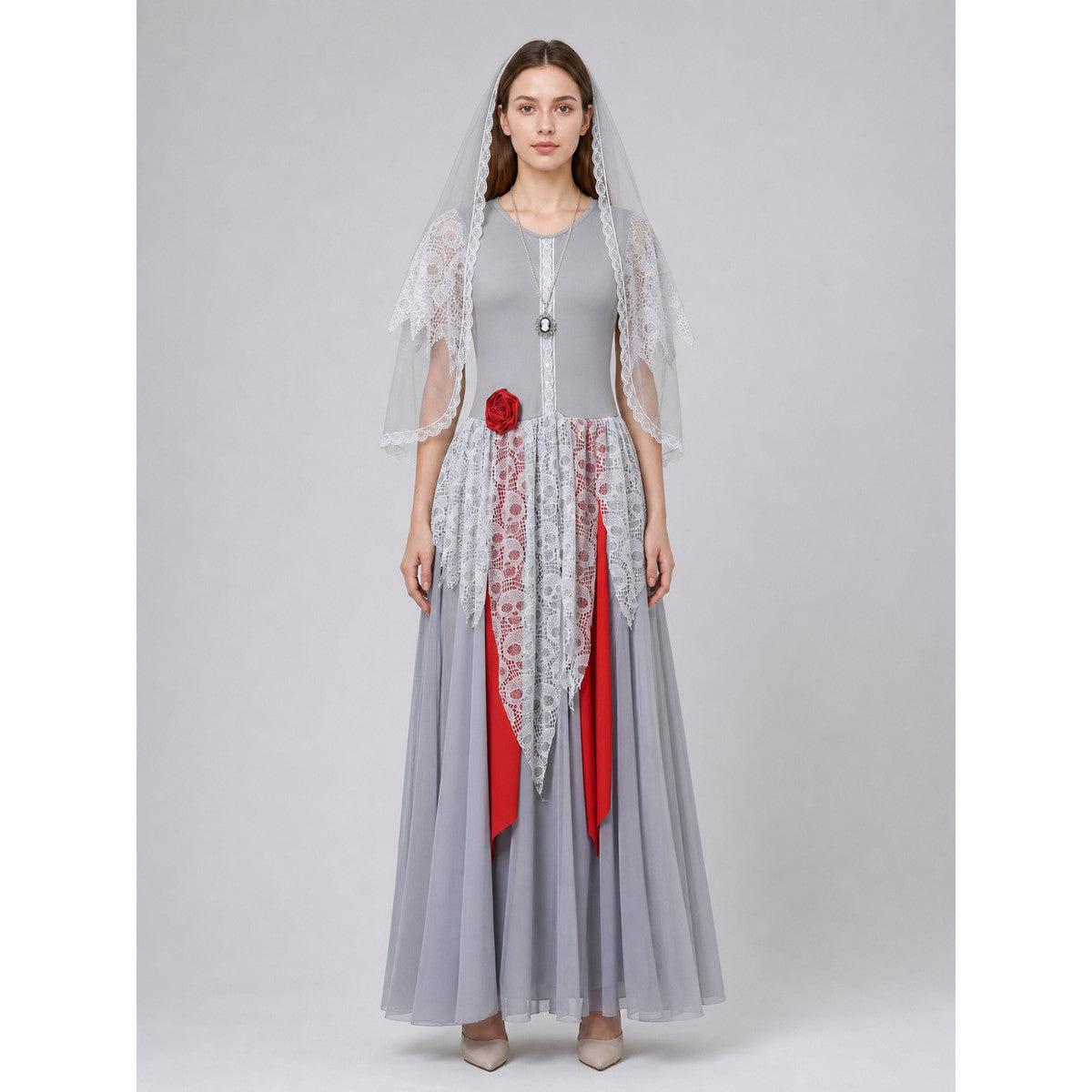 Costume: Gray Dress with White Veil