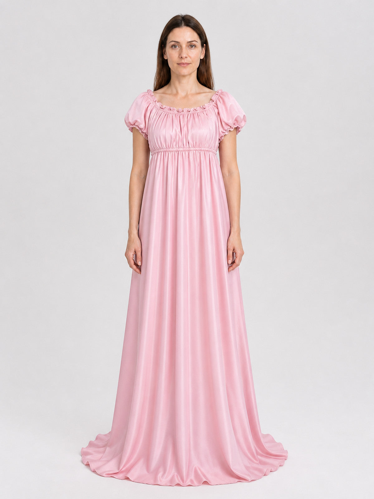 Pink Long Bridgerton Ball Gown with Puff Sleeves on-model view