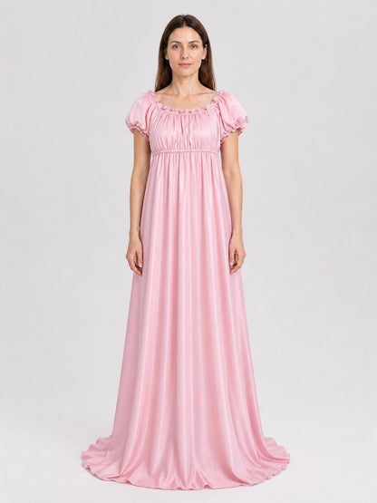 Pink Long Bridgerton Ball Gown with Puff Sleeves on-model view