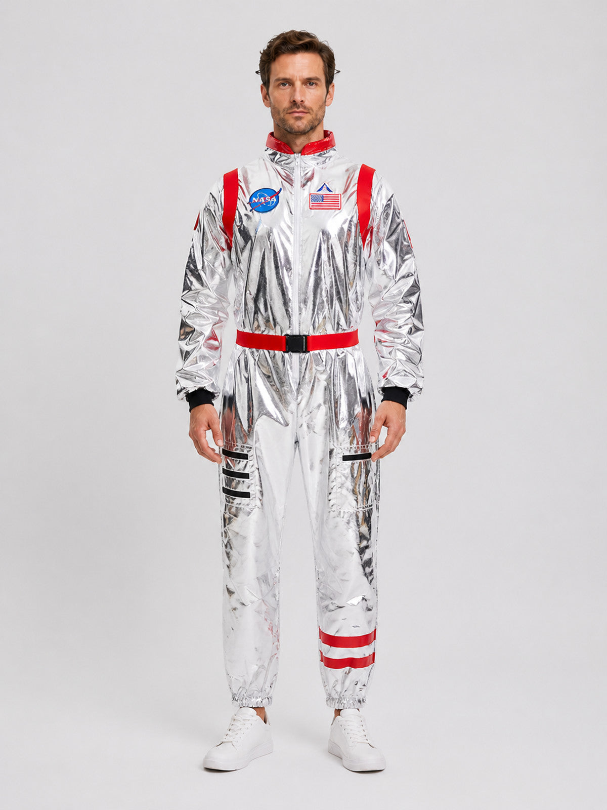 Astronaut Costume, Silver Jumpsuit with Patches on-model view