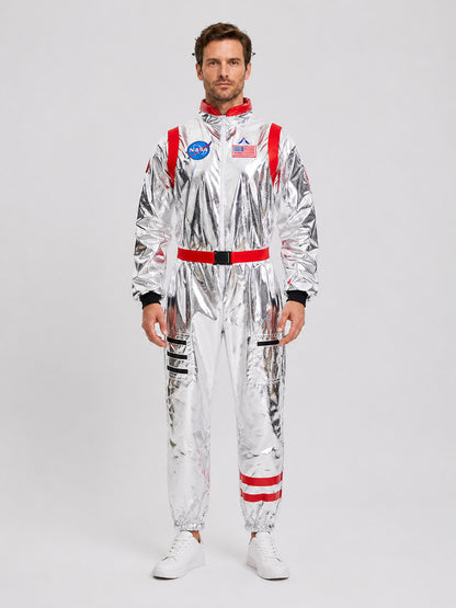 Astronaut Costume, Silver Jumpsuit with Patches on-model view