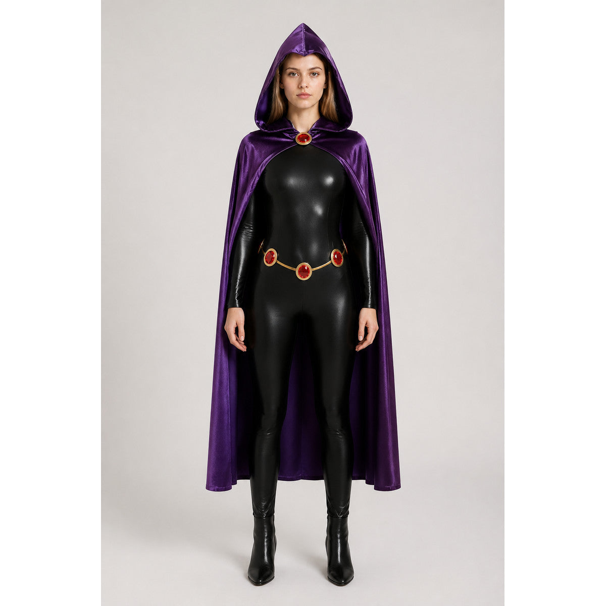 Raven Costume with Black Jumpsuit and Purple Cape main product view