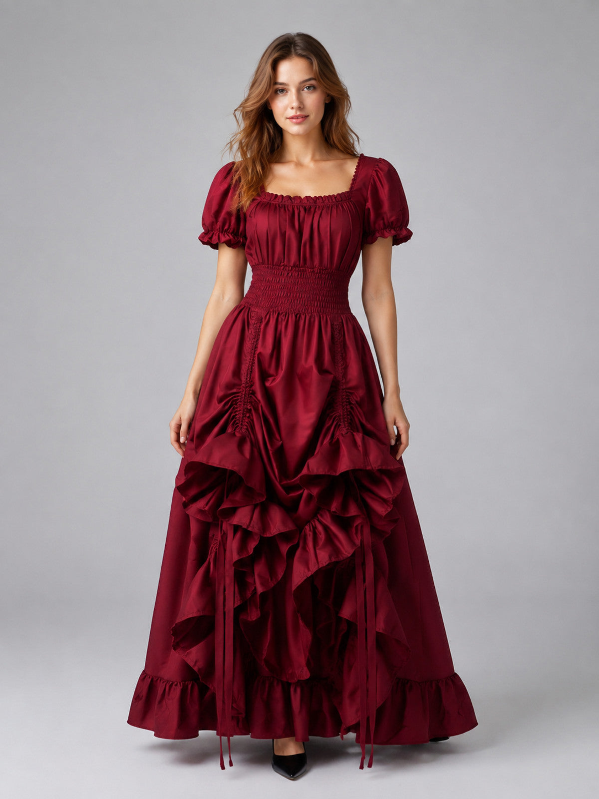 Long Burgundy Dress with a Square Neckline on-model view