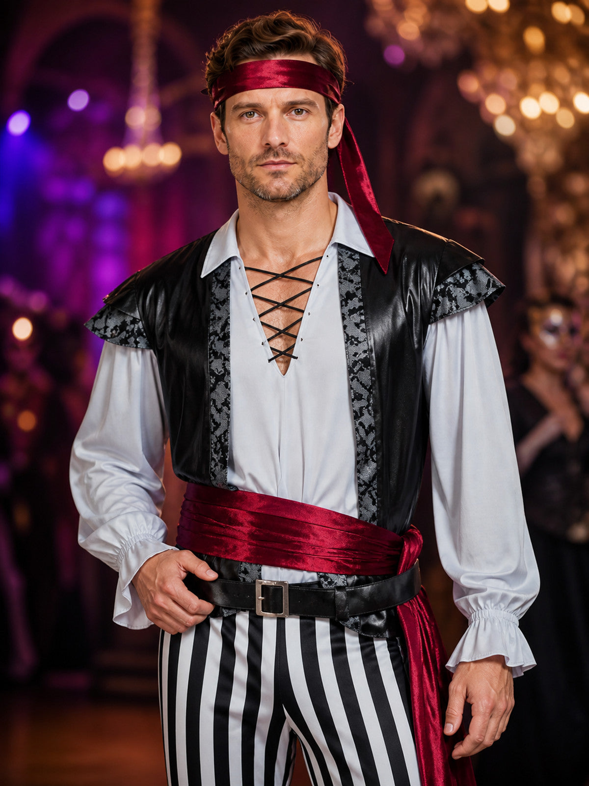 Adult Pirate Costume Set with Striped Pants, Vest, Shirt, Headscarf and Belts on-model view