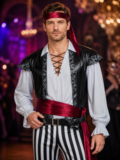 Adult Pirate Costume Set with Striped Pants, Vest, Shirt, Headscarf and Belts