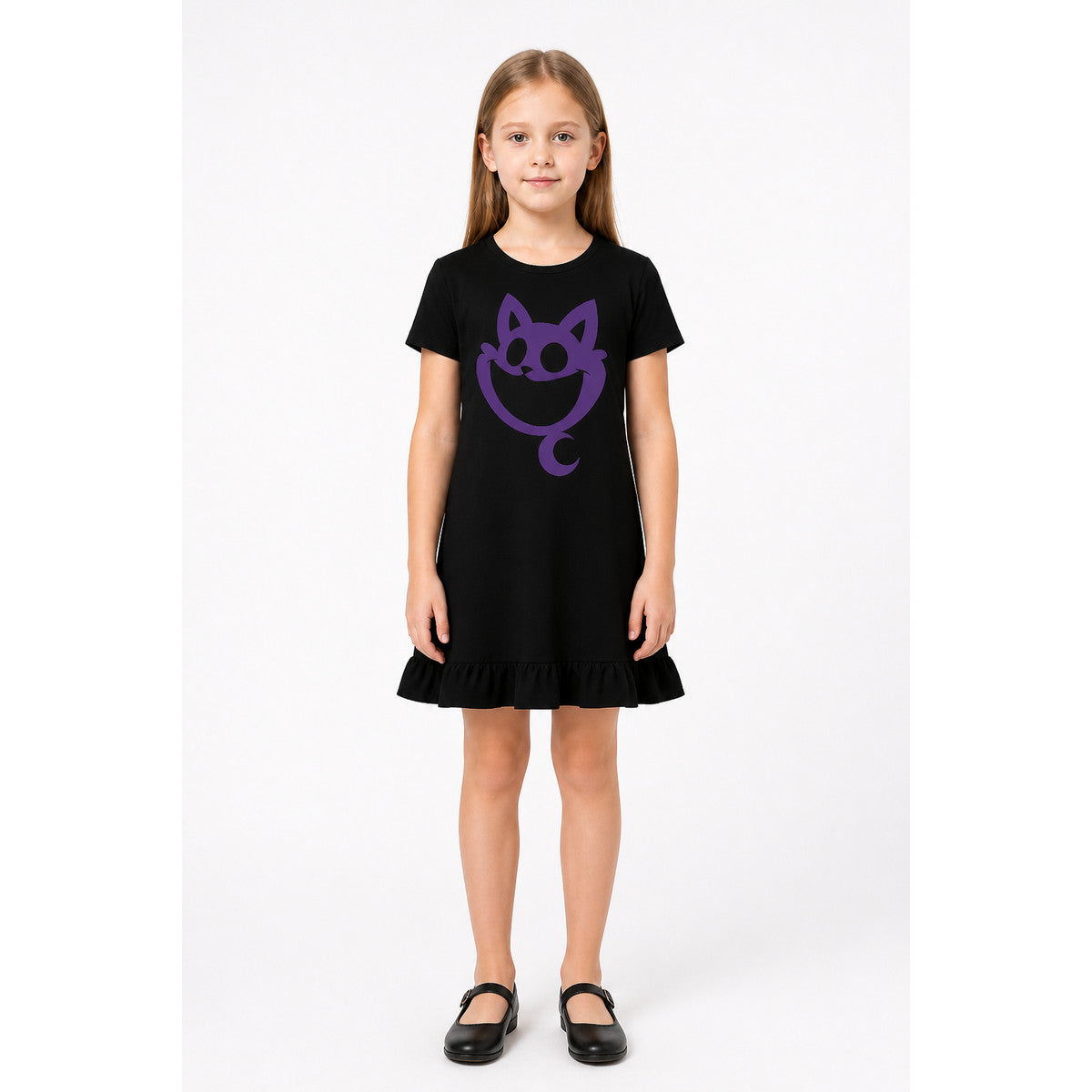 Black A-line Dress with Purple Cat and Ruffle main product view