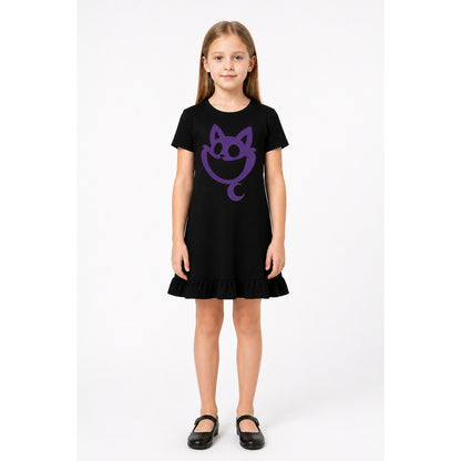 Black A-line Dress with Purple Cat and Ruffle main product view