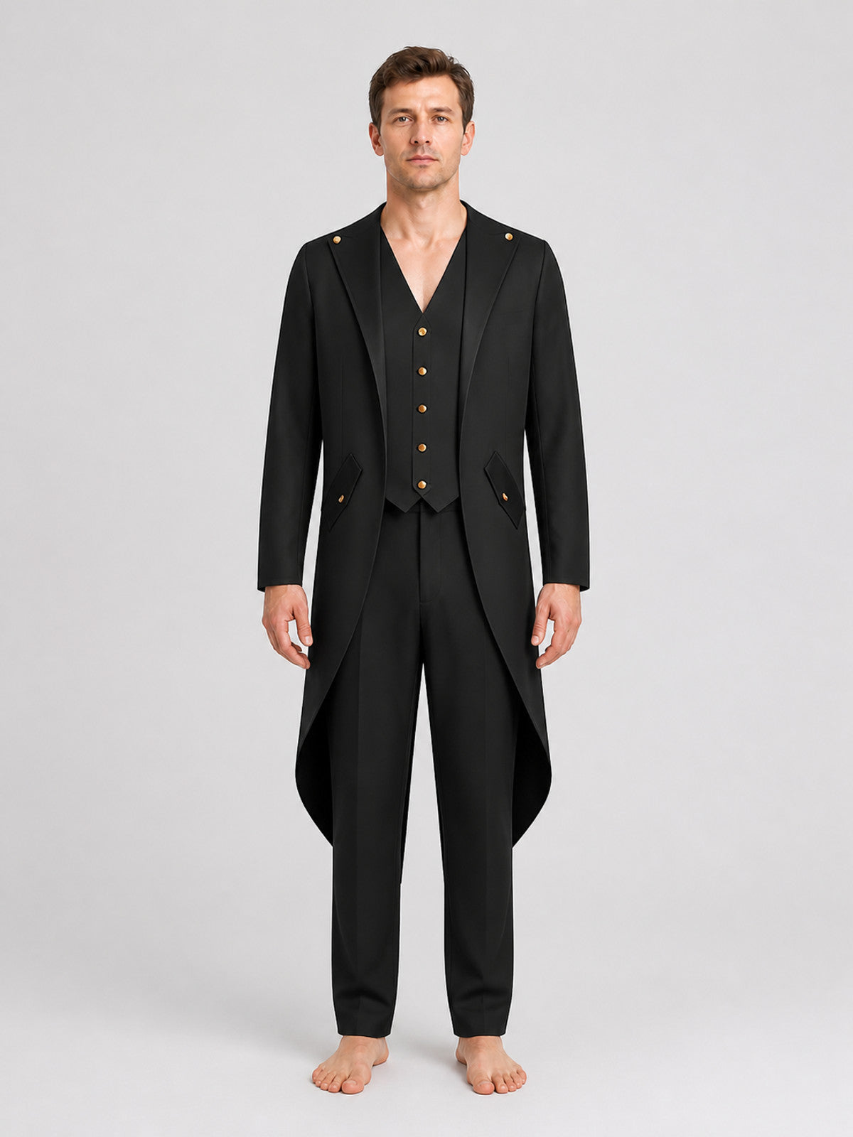 Black Tailcoat with Gold-Tone Buttons for Cosplay on-model view