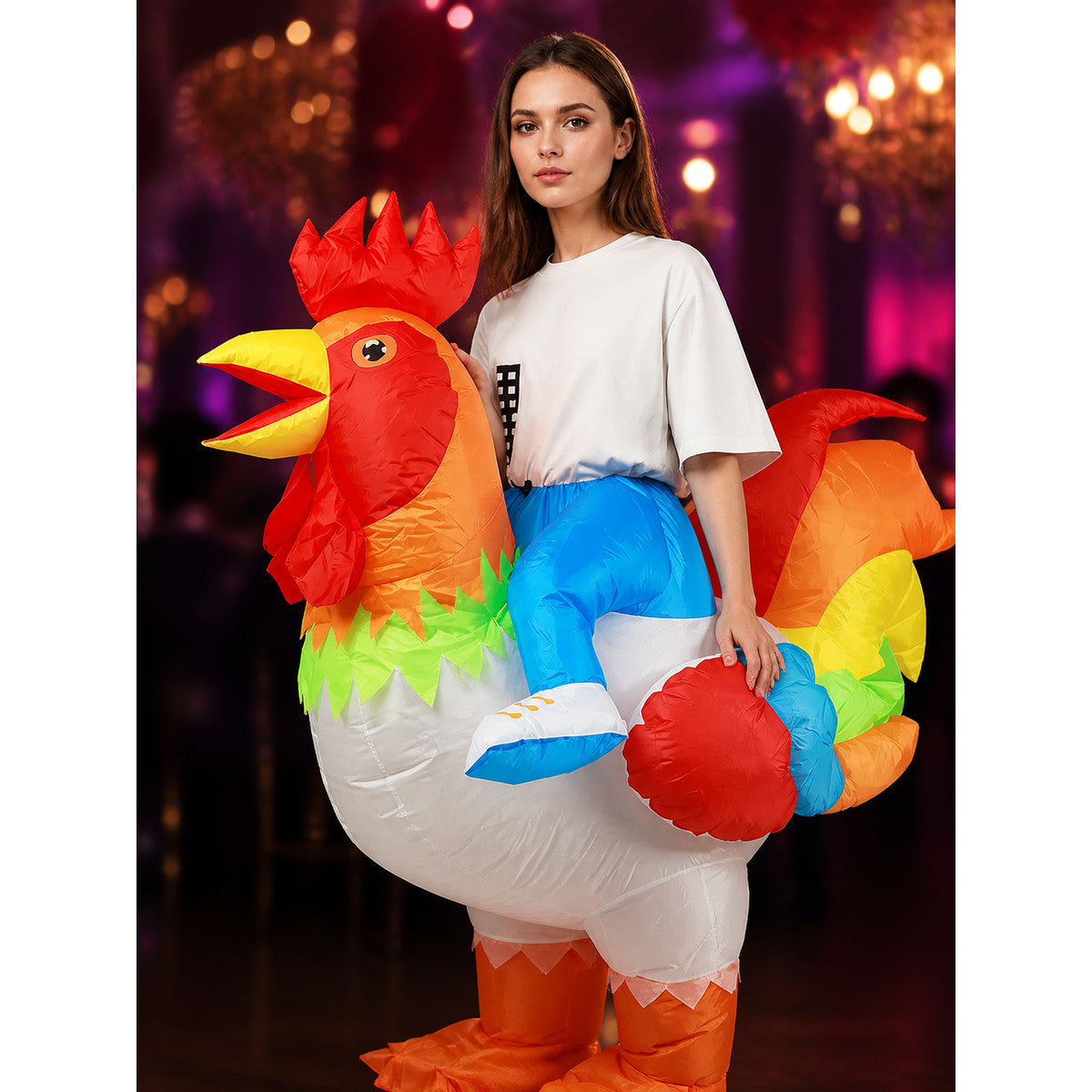 Colorful Inflatable Rooster Costume for Adults, Halloween Party Outfit on-model view