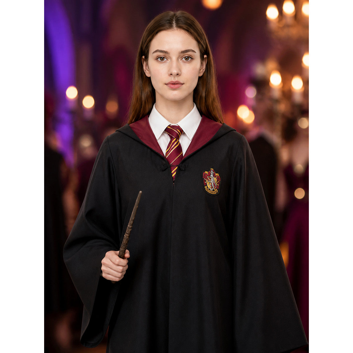 Black Wizard Robe Costume Set with Multicolor Striped Fringed Scarf and Chest on-model view